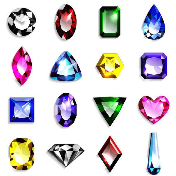 Set of colorful gemstones of various shapes. Jewels on white background. Vector illustration