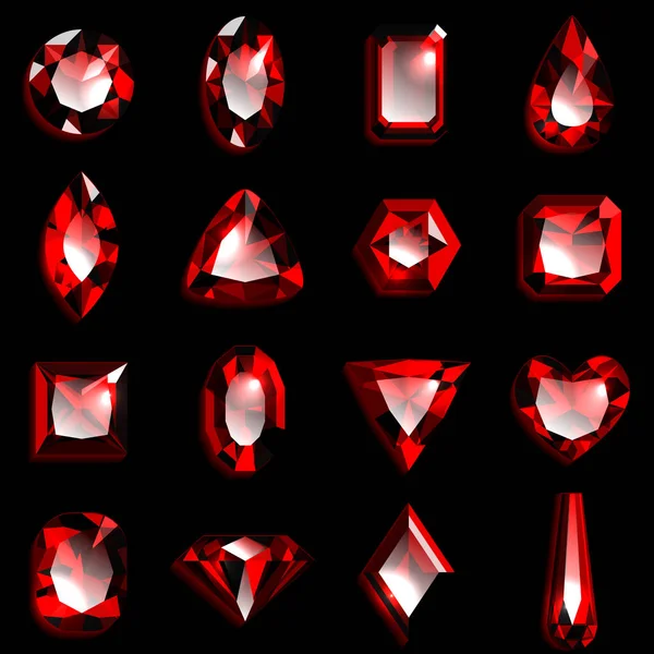 Set Red Gemstones Various Shapes Jewels Black Background Vector Illustration — Stock Vector