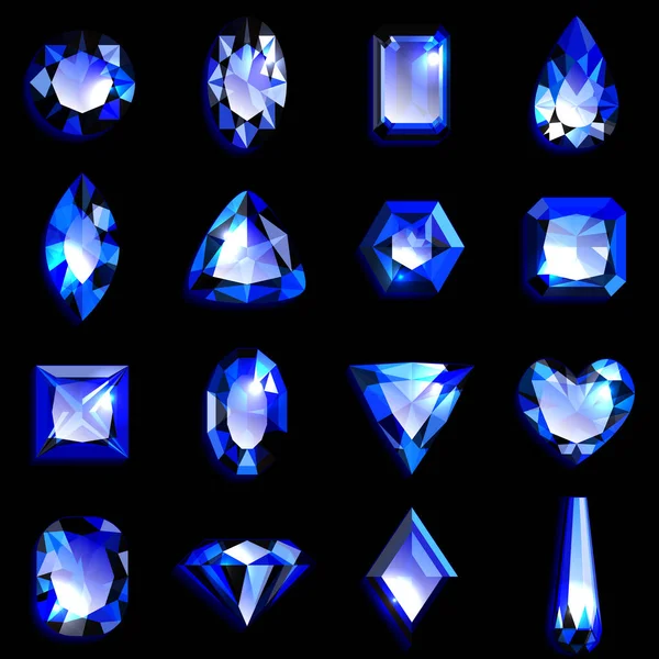 Set Blue Gemstones Various Shapes Jewels Black Background Vector Illustration — Stock Vector