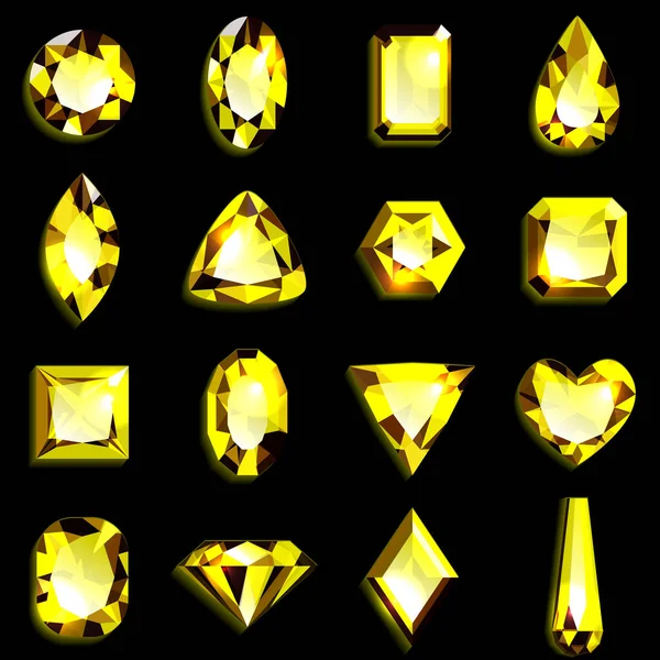 Σύνολο Κίτρινων Πολύτιμων Λίθων Διαφόρων Σχημάτων Κοσμήματα Μαύρο Φόντο Εικονογράφηση — Διανυσματικό Αρχείο