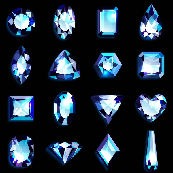 Σετ Γαλάζιων Πολύτιμων Λίθων Διαφόρων Σχημάτων Κοσμήματα Μαύρο Φόντο Εικονογράφηση — Διανυσματικό Αρχείο