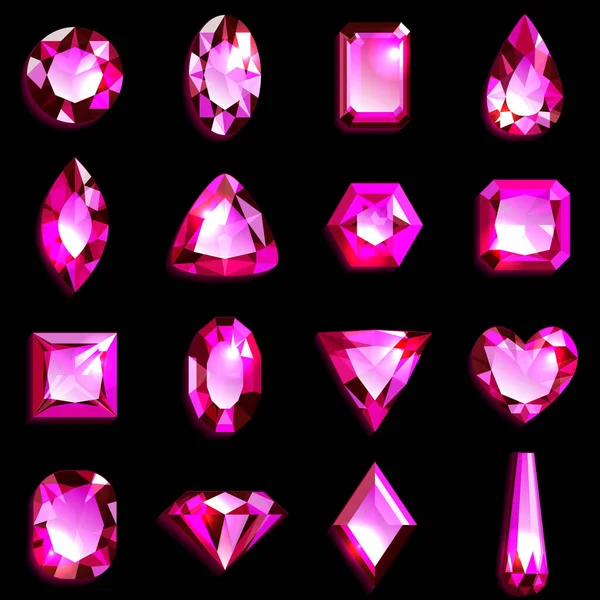Set Aus Rosa Edelsteinen Verschiedenen Formen Juwelen Auf Schwarzem Hintergrund — Stockvektor