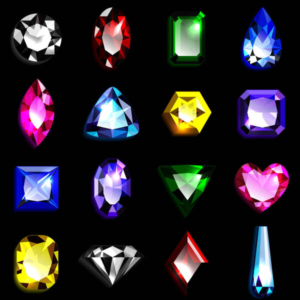 Set of colorful gemstones of various shapes. Jewels on black background. Vector illustration