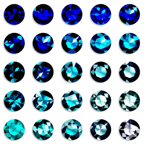 Set Gemas Gradientes Azules Corte Redondo Joyas Sobre Fondo Blanco — Vector de stock