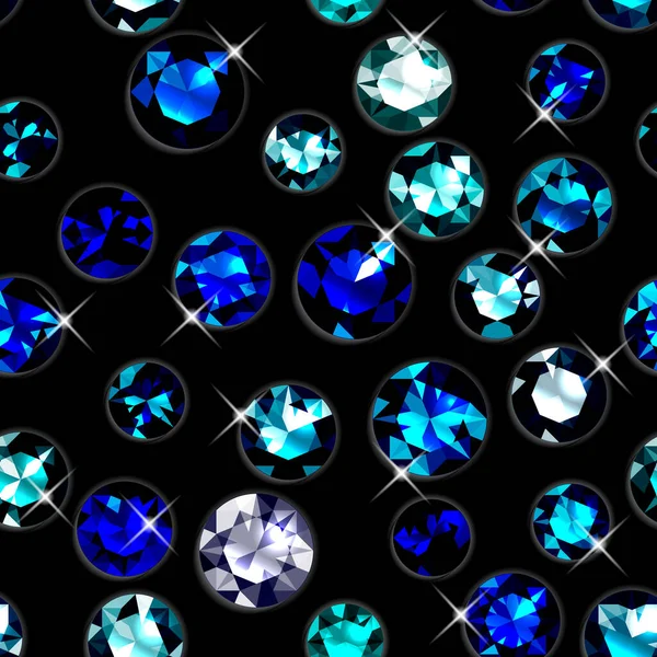 Nahtloses Muster Mit Blauen Edelsteinen Juwelen Auf Schwarzem Hintergrund Vektorillustration — Stockvektor
