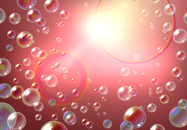Burbujas Jabón Flotantes Brillante Luz Sobre Fondo Rojo Ilustración Vectorial — Vector de stock