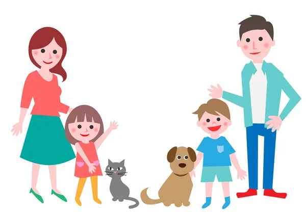 一对夫妇和两个孩子与狗和猫 矢量说明 — 图库矢量图片