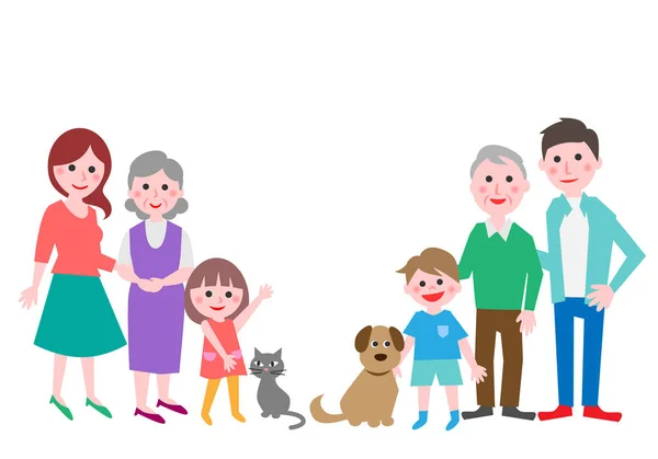 Familia Tres Generaciones Con Perro Gato Ilustración Vectorial — Archivo Imágenes Vectoriales