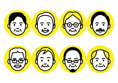 Beyaz arka planda yuvarlak çerçeveli üst düzey adamlar var. Vektör illüstrasyonu