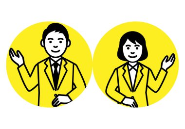 Beyaz arka planda yuvarlak çerçeveli bir iş adamı ve kadın. Vektör illüstrasyonu