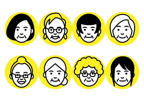 Seniorinnen Gesichter Rundem Rahmen Auf Weißem Hintergrund Vektorillustration — Stockvektor