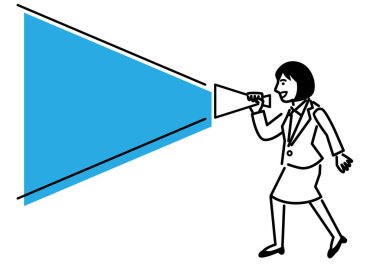 Beyaz arka planda megafonu olan genç bir kadın. Vektör illüstrasyonu