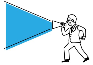 Beyaz arka planda megafonu olan son sınıf öğrencisi. Vektör illüstrasyonu