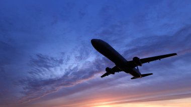 Akşam gökyüzüne karşı uçan bir uçağın fotorealistik üç boyutlu görüntüsü. 3B illüstrasyon, 3B canlandırma.