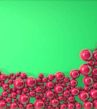 Farklı boyutlarda incili kırmızı toplar yeşil arka plana dağılmış. Modern güzel arkaplan.
