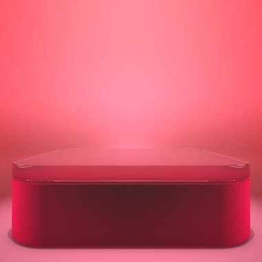 Podyum, sahne, kaide. Ürün sunumunu temsil eden modaya uygun bir zemin. Minimalist bir kavram. Pembe gözlüklerle soyut boş model. 3B görüntüleme.