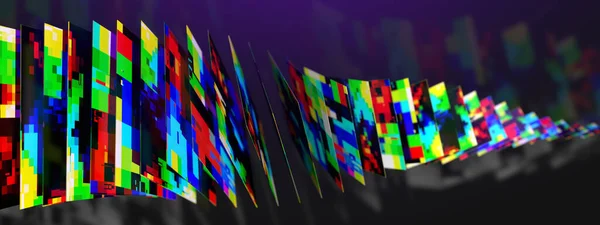 Digitale Farbpixel in Form quadratischer dünner Dateien befinden sich in der Ferne wie Karten, die in die Ferne fliegen und verschwimmen. — Stockbild Digitale Farbpixel Form Quadratischer Dünner Dateien Befinden Sich Der Ferne — Stockfoto