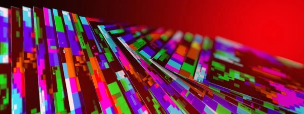 Digitale Farbpixel in Form quadratischer dünner Dateien befinden sich auf blauem Hintergrund mit Schärfentiefe und Platz für Text. — Stockbild Digitale Farbpixel Form Quadratischer Dünner Dateien Befinden Sich Auf Blauem — Stockfoto