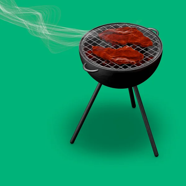 Grill Com Uma Fumaça Fundo Verde Com Dois Bifes Suculentos — Fotografia de Stock