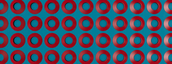 Red volumetric rings on a blue background. Abstract background.