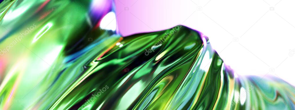 Beautiful liquid abstract background with metallic reflection and light refraction.