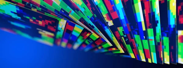 Digitale Farbpixel in Form quadratischer dünner Dateien befinden sich auf blauem Hintergrund mit Schärfentiefe und Platz für Text. 3D Illustration, 3D Rendering. — Stockbild Digitale Farbpixel Form Quadratischer Dünner Dateien Befinden Sich Auf Blauem — Stockfoto