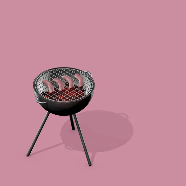 Parrilla Sobre Fondo Rosa Con Cuatro Salchichas Ilustración Representación —  Fotos de Stock