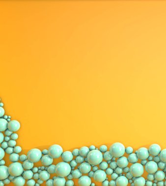 Farklı boyutlarda inci yeşili toplar sarı arka plana saçılmış. 3B illüstrasyon, 3B canlandırma.