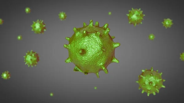 Green coronavirus microscopic view. Dangerous asian ncov corona virus. SARS concept on gray background. 3D illustration, 3D rendering.