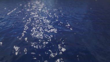 Dalgalar ve röfleler ile koyu mavi su, merkeze odaklan. 3B illüstrasyon, 3B canlandırma.