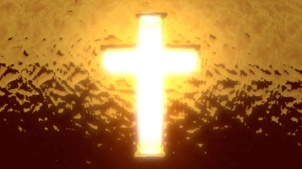 Bright glowing cross on a gold background.