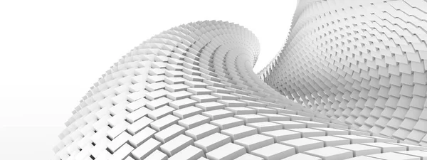 A futuristic architectural installation of many cubes spiraling into the distance on a white background. 3D illustration, 3D rendering.