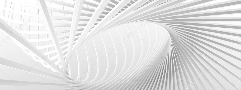 Unusual architectural abstraction. Stylish white background. Minimalistic design. 3D illustration, 3D rendering.