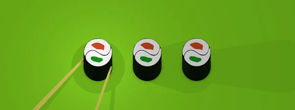 Sushi Con Bacchette Fondo Verde Design Minimalista Semplificato Illustrazione Rendering — Foto Stock