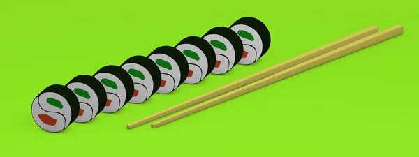 Sushi Met Eetstokjes Een Groene Achtergrond Vereenvoudigd Minimalistisch Ontwerp Illustratie — Stockfoto