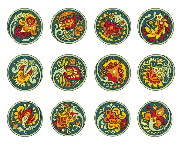 Векторный набор кругов с этническими цветочными элементами — стоковый вектор