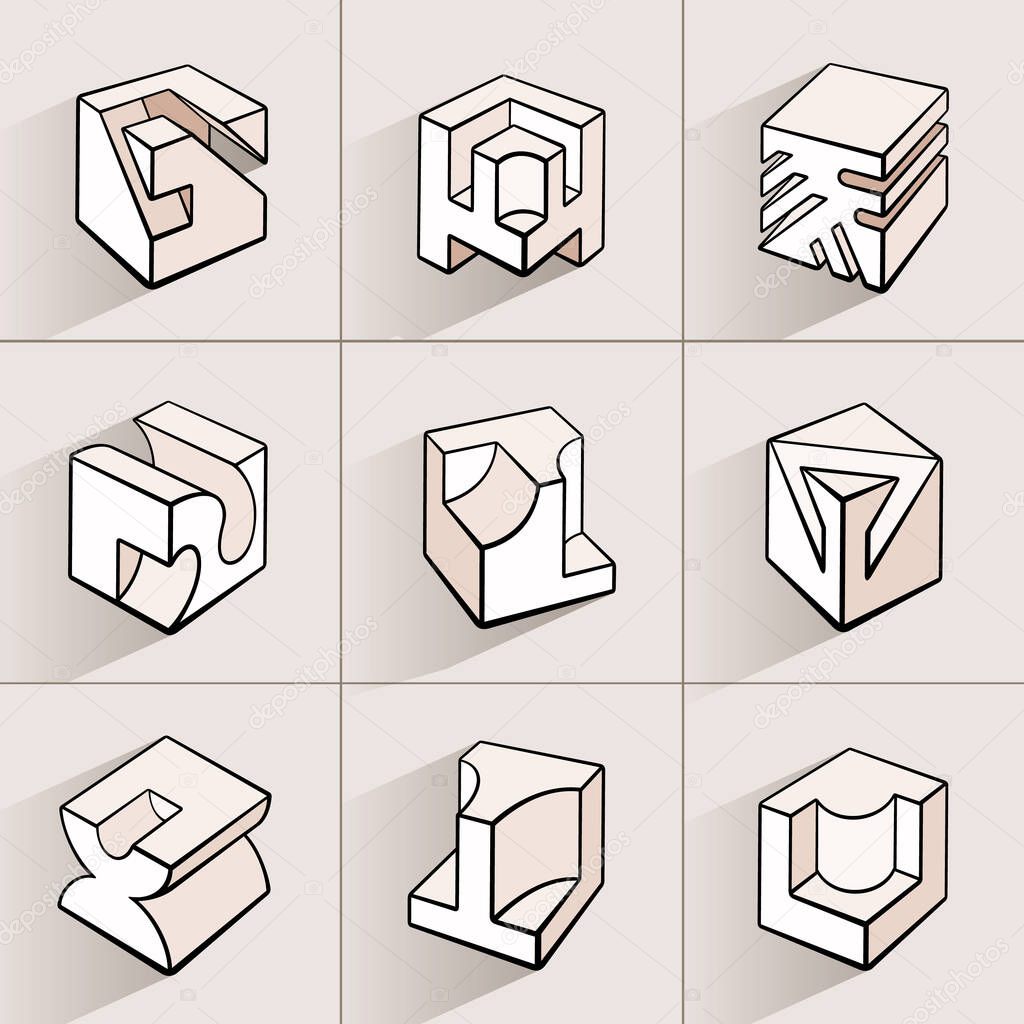Set of 3D geometric shapes cube designs. Outline objects isolated on gray background. Vector collection