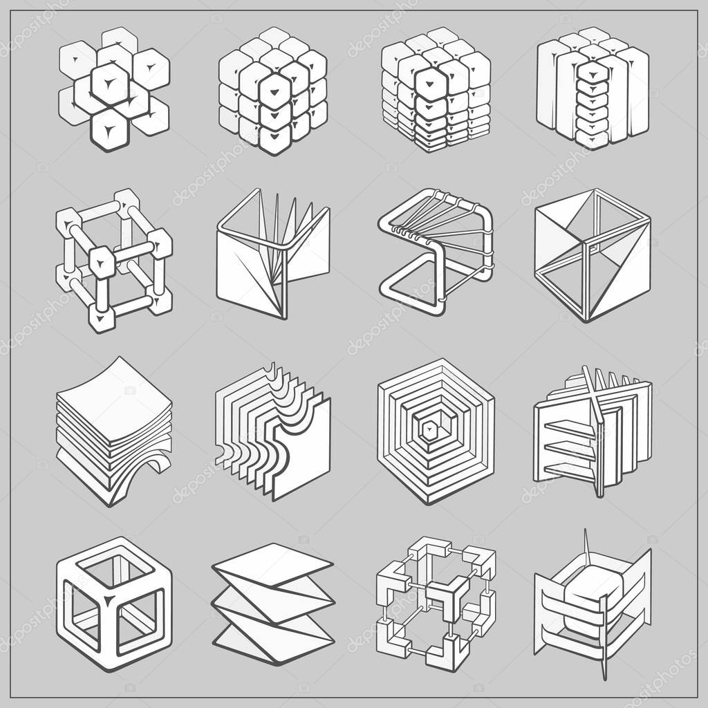 Set of 3D geometric shapes cube designs. Outline objects isolated on grey background. Vector collection