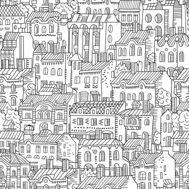 Vektör el çizimi doğrusal evler pürüzsüz desen.