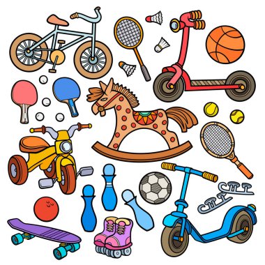 Çizgi film çizimleri, el çizimleri, oyuncak setleri.