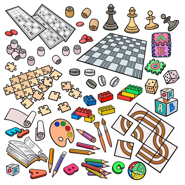 Desenhos animados doodles mão desenhada crianças brinquedos objetos conjunto — Vetor de Stock