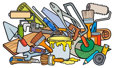 Çizgi film karalama el çizimi ev onarım illüstrasyonu