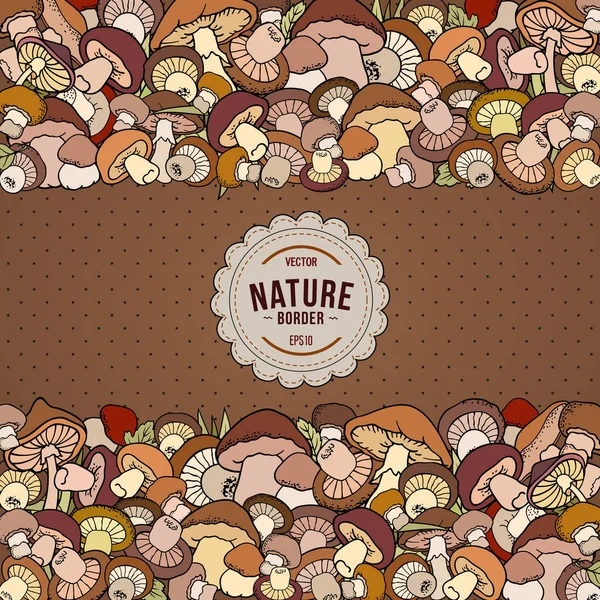 Mushrooms nature cartoon vector hand drawn border — Stock Vector