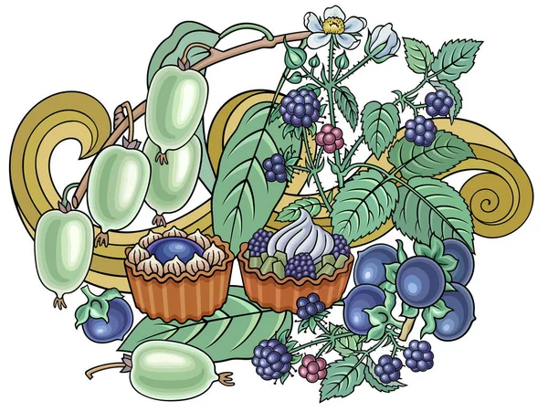 Frutas, bayas, dulces ilustración dibujada a mano — Vector de stock
