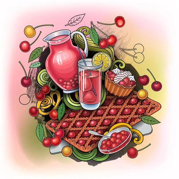 Doces, bagas, frutas, bebidas ilustração — Vetor de Stock
