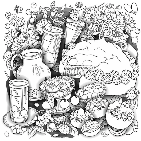 Doces, bagas, frutas, bebidas ilustração — Vetor de Stock