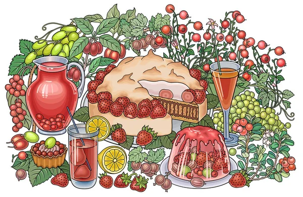 Γλυκά, μούρα, φρούτα, ποτά εικονογράφηση — Διανυσματικό Αρχείο