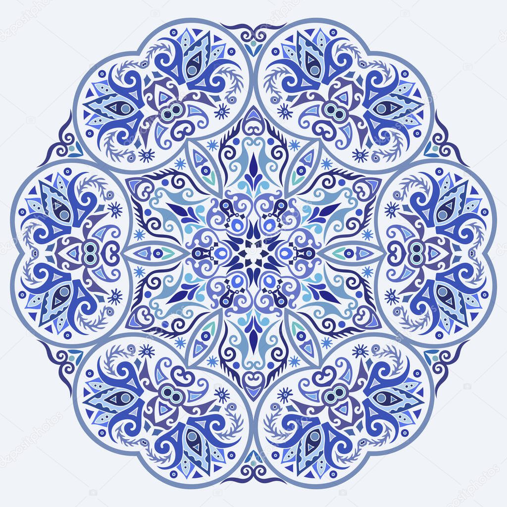 Vector abstract blue decorative floral ethnic ornamental illustration.