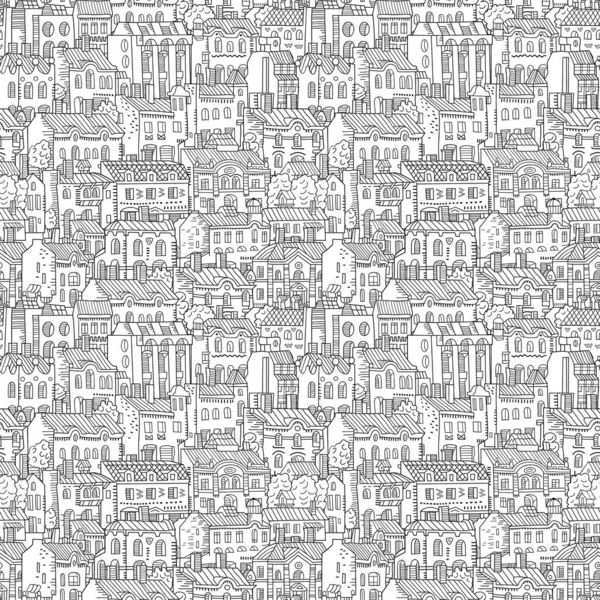 Vector dibujado a mano casas lineales patrón sin costura . — Archivo Imágenes Vectoriales