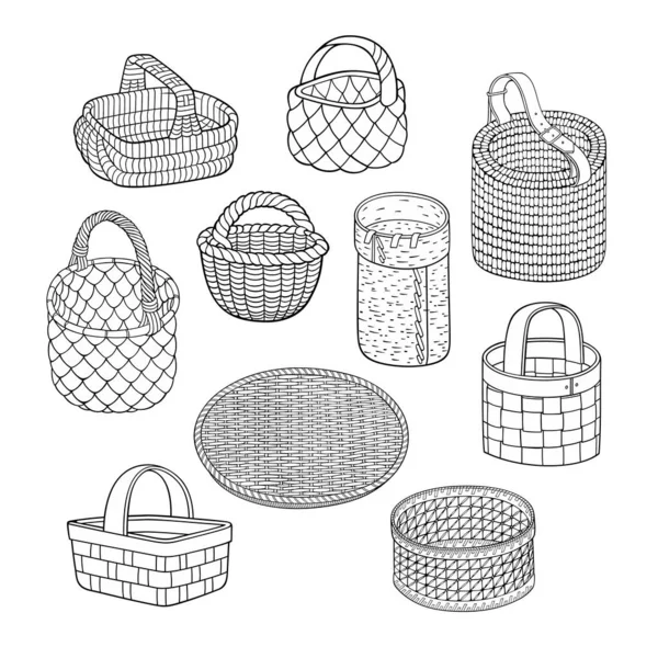 Set of cartoon line art vector hand drawn baskets — Stock Vector